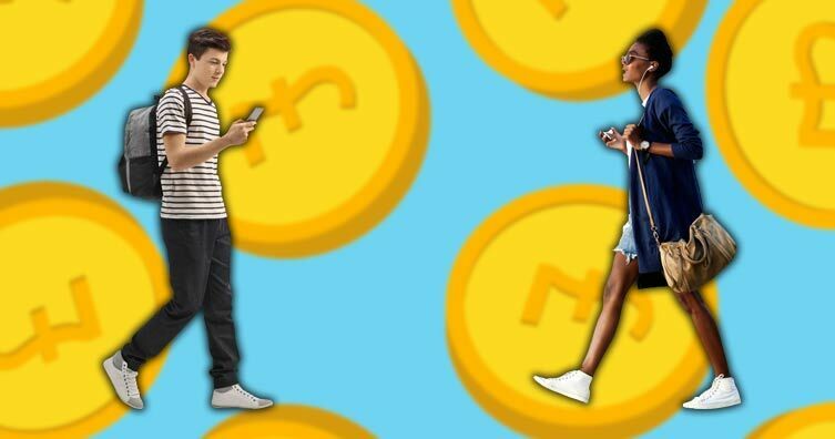 Boy girl walking phone money pound coins