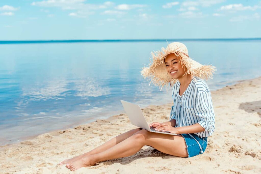 woman working on a beach