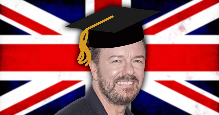 Ricky Gervais university graduate union jack flag