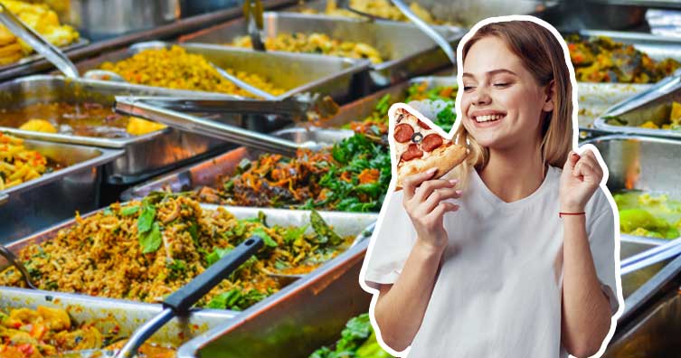 Woman pizza buffet food eating dinner restaurant