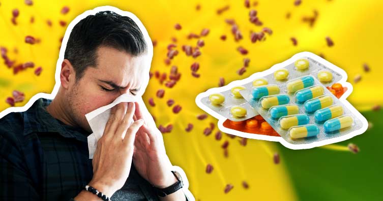 Man sneezing tissue allergic pollen flower hay fever medicine