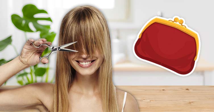 Woman cutting own hair scissors barber beauty purse money wallet bathroom
