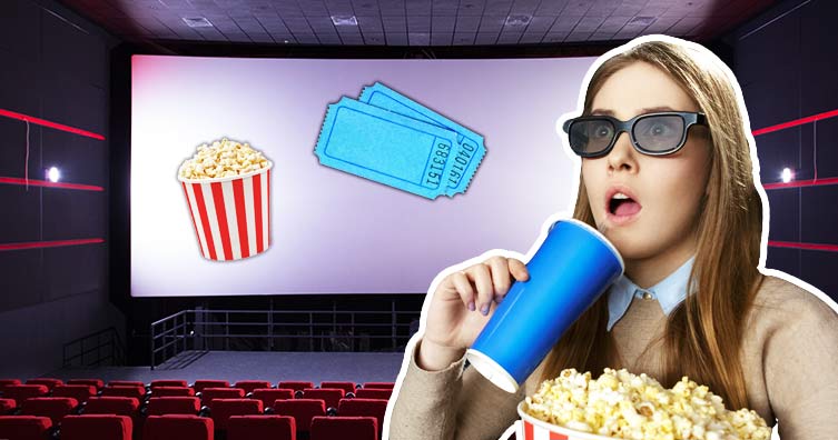 Woman shocked surprised drinking popcorn ticket cinema movies films