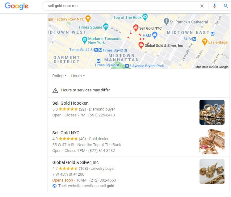 Resultados de búsqueda de Google para "vende oro cerca de mi" para Nueva York