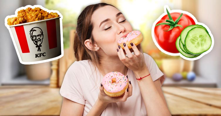 Woman eating donuts KFC chicken bucket tomatoes cucumbers kitchen food